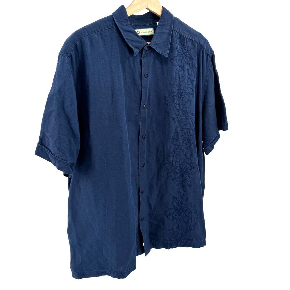 Havanera Navy Blue Embroidered Guayabera Camp Shirt